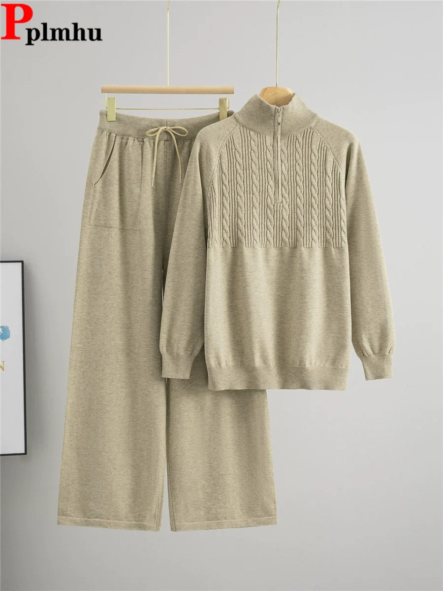 

Korean Design Knitted 2 Piece Sets Women Zipper Long Sleeve Sweater Pullover Tops Conjuntos High Waist Straight Pants Outfit New
