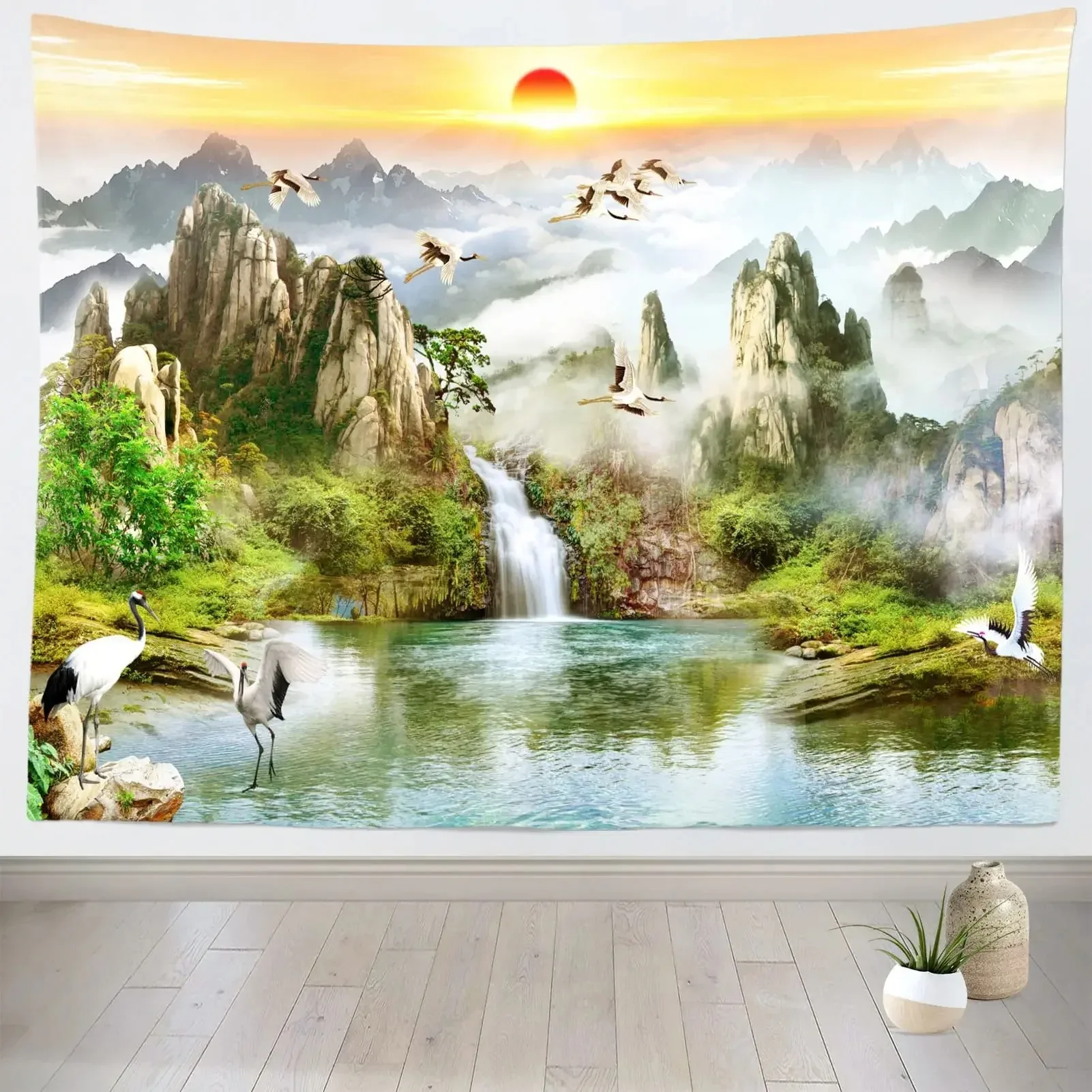 Chinese Nature Landscape Tapestry Mountains and Flowing Water Tapestry Wall Hanging for Home Decor Living Room Bedroom Dorm