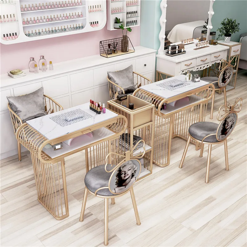 Luxury Nail Care Spa Manicure Desk Salon Furniture Gold Frame Marble Top Nail Salon Table For Sale