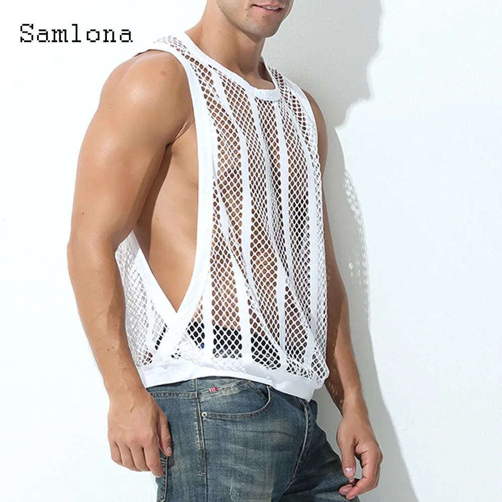 Men Sleeveless Guaze Shirt Clothing 2025 European Summer Fashion Hollow Out Blouse Solid Mesh Vest Mens Casual Beach Shirts New