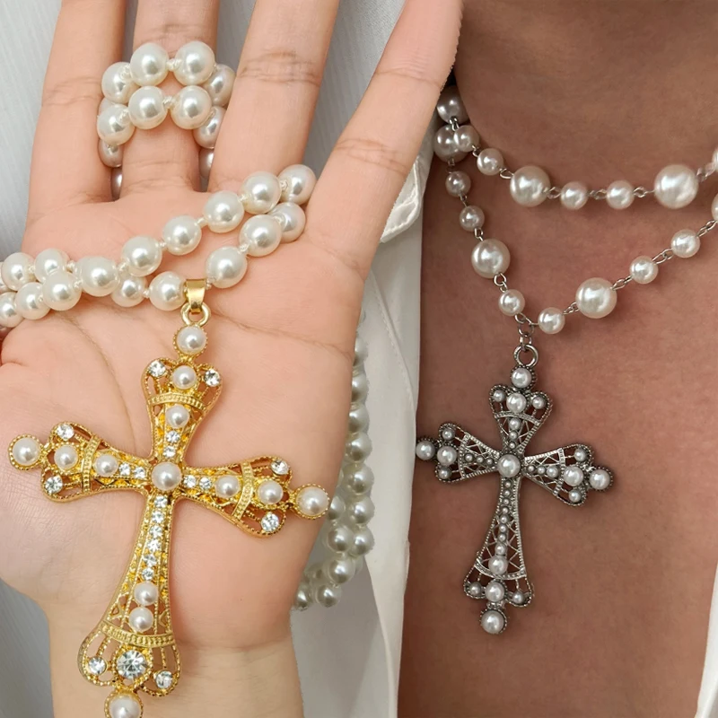 Y2K Exquisite Punk Necklace with Cross Imitation Pearl Pendant Necklace Collarbone Chain for Women Wedding Party Jewelry Gifts