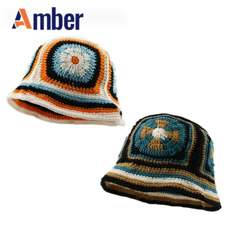 

Amber crochet bucket hat Y2K handmade knitted for men women Flower Korean travel Beach Panama cap vintage autumn winter beanies