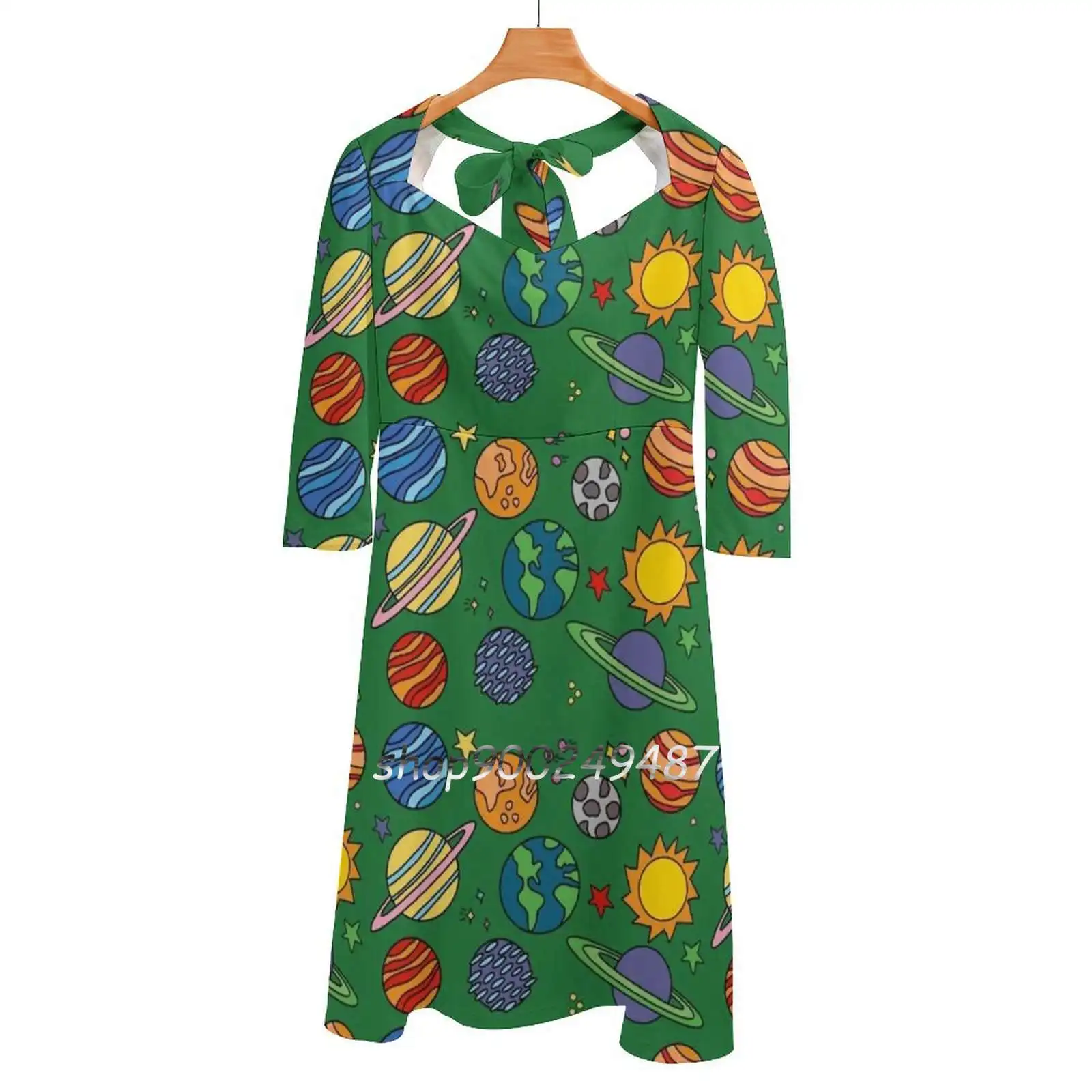 Planet Print | Space | Earth | Astronomy | Science | Green Sweet Elegant Dress Women Korean Kawaii Square Collar Dress Cute