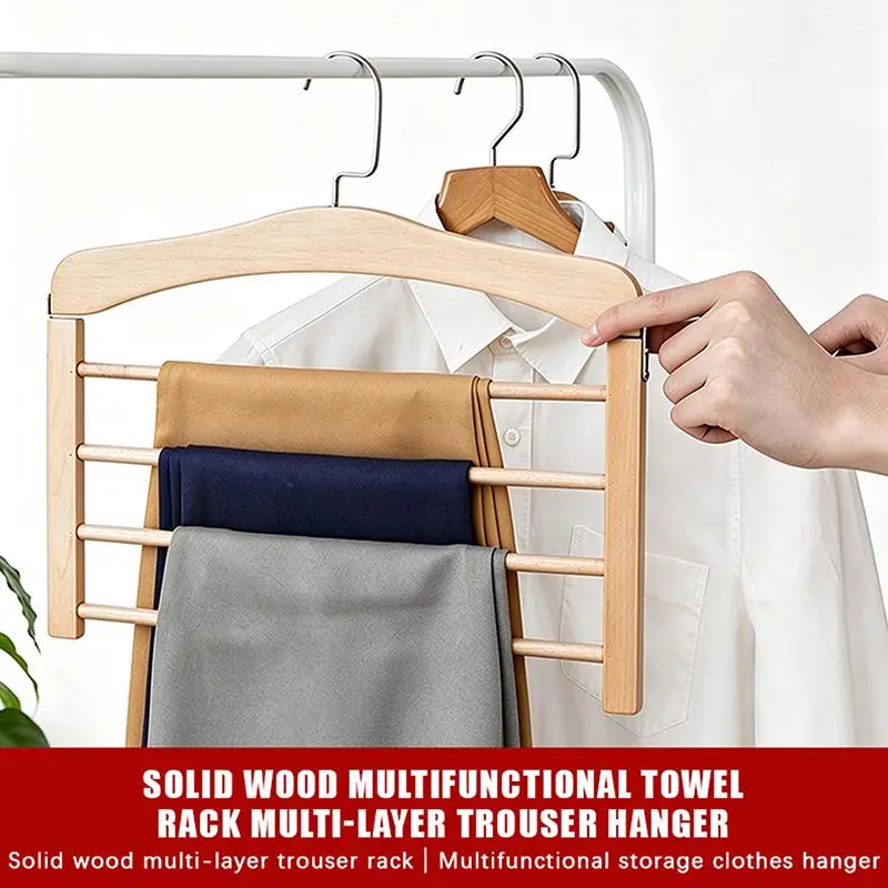 Solid Wood Multifunctional Multi-tier Trouser Rack Household Wooden Coat Rack Towel Scarf Tie Storage Rack Flocking Non-marking