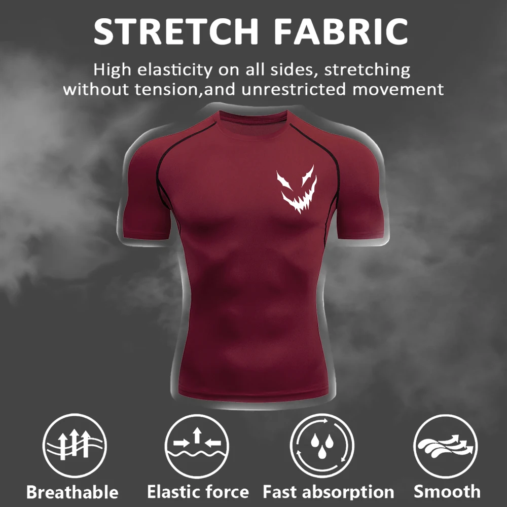 Men's Athletic Compression T-Shirt With Evil Smiley Print Summer Quick Drying Casual Short Sleeve Top For Fitness Training