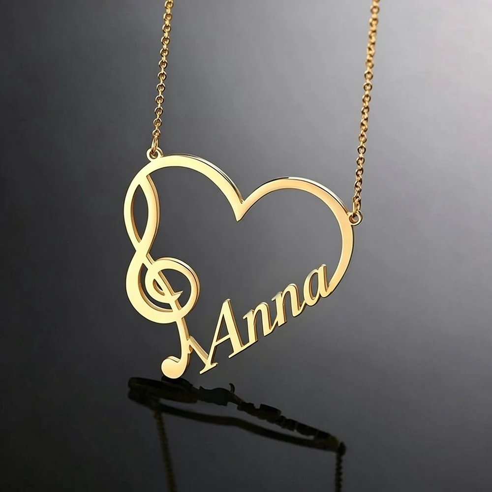 Sipuris Personalisierte Namens-Logo-Halskette aus Edelstahl, Musiknoten, Liebesherz, Namensschild, Goldener Choker, Modeschmuck, Geschenke – Detail 5