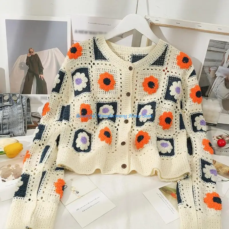 E56A Women Crochet Colorblock Embroidery Flower Sweater Crop Top Long Sleeve Cardigan