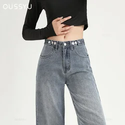 Jean droit élastique taille haute pour femme, pantalon en denim vintage, style streetwear de loisirs, jambe large, mode