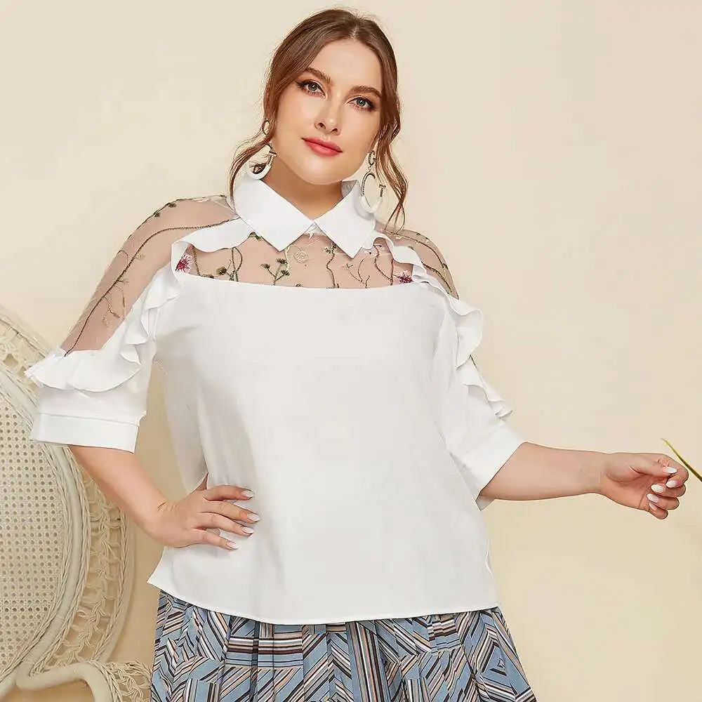 

2023 Spring/Summer Large Women's New Style Temperament Polo Collar Perspective Embroidery Wooden Medium Sleeve Shirt JR113