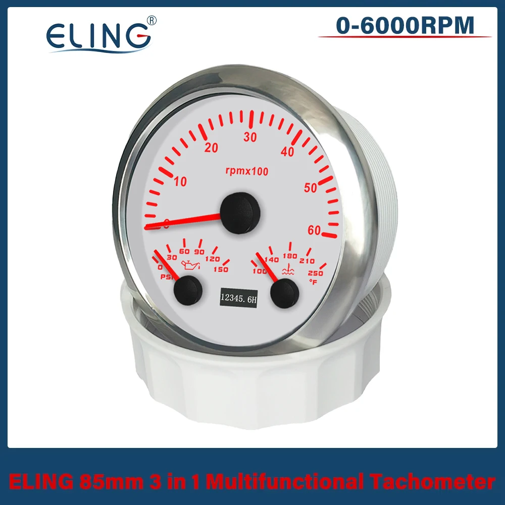 

Многофункциональный тахометр ELING 85 мм 3-в-1, 6000/8000 об/мин, с датчиками давления масла и температуры воды, 7 цветов подсветки, 12В/24В