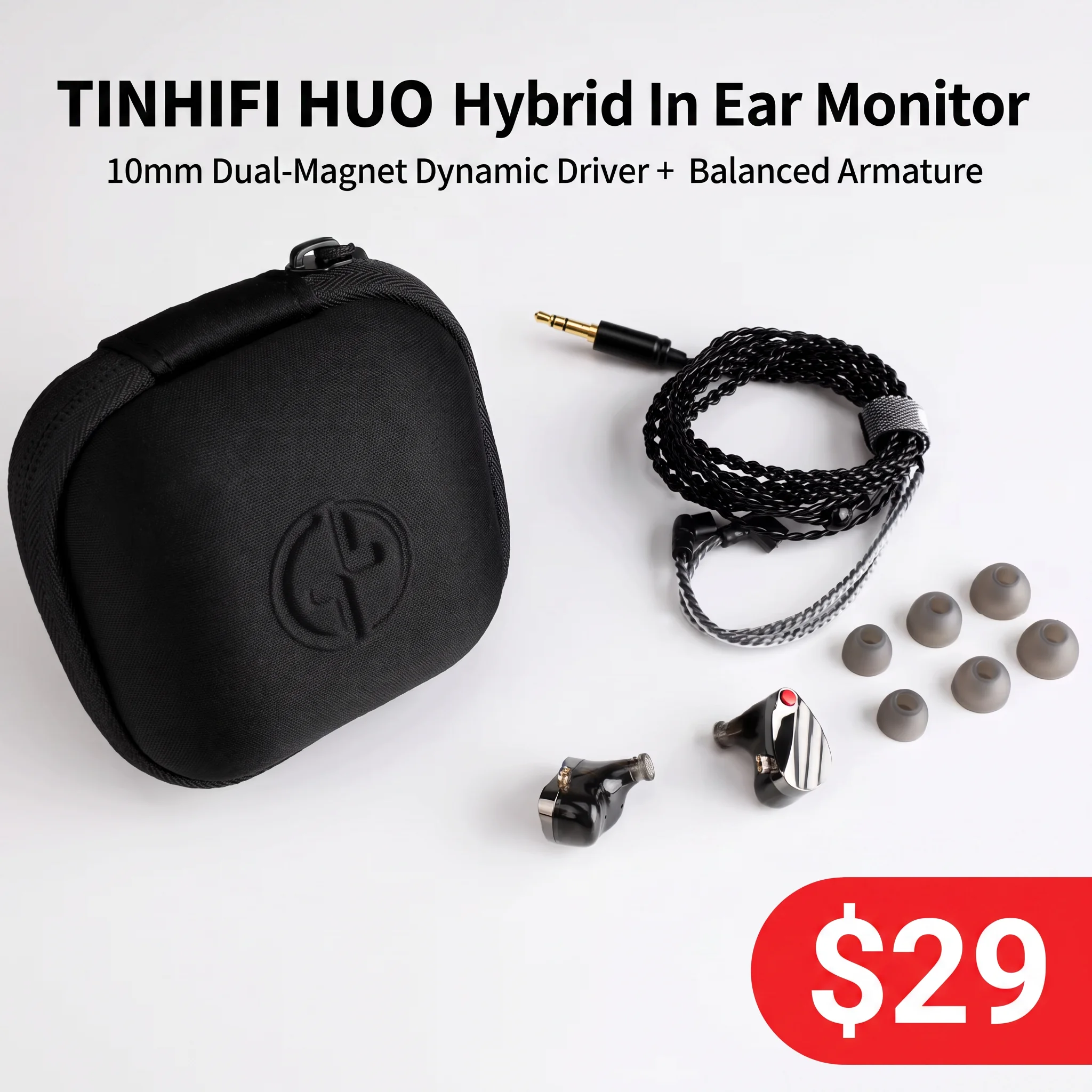 tinhifi-huo-ハイブリッドインイヤーモニターヘッドホン、10mmデュアルマグネットダイナミックドライバー＋バランスドアーマチュア、メタルフェイスプレート、着脱可能なqd