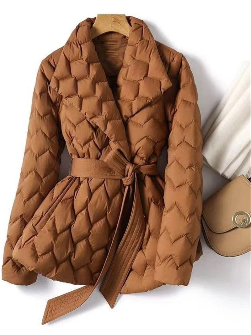 Winter Temperament Water Ripple Quilted Lightweight Down Cotton Jacket Lapel Waist Cinched Mid Length Elegant Cotton Coat