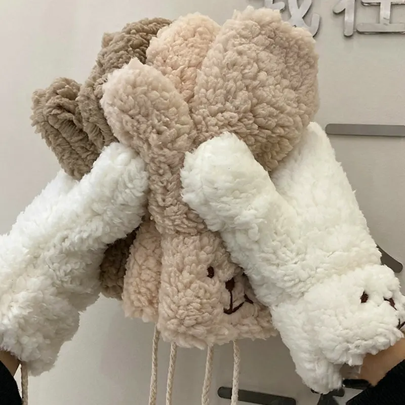 

Fashion Women Lovely Imitation Lamb Wool Cartoon Bear Gloves Warm Plush Soft Full Finger Mittens Girls Fluffy Gloves Gifts