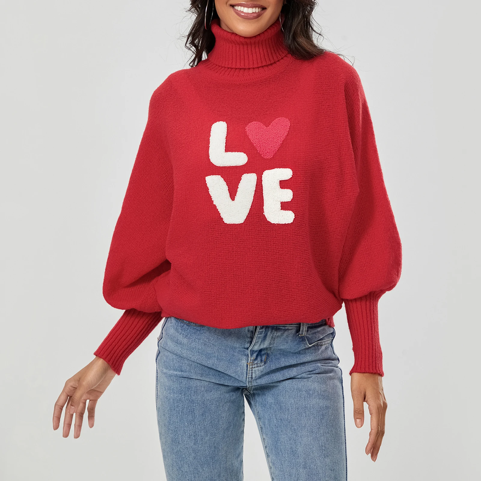 Women Valentines Day Sweater Long Sleeve Letter Print Oversized Turtleneck Knitted Pullover Jumper Tops D16