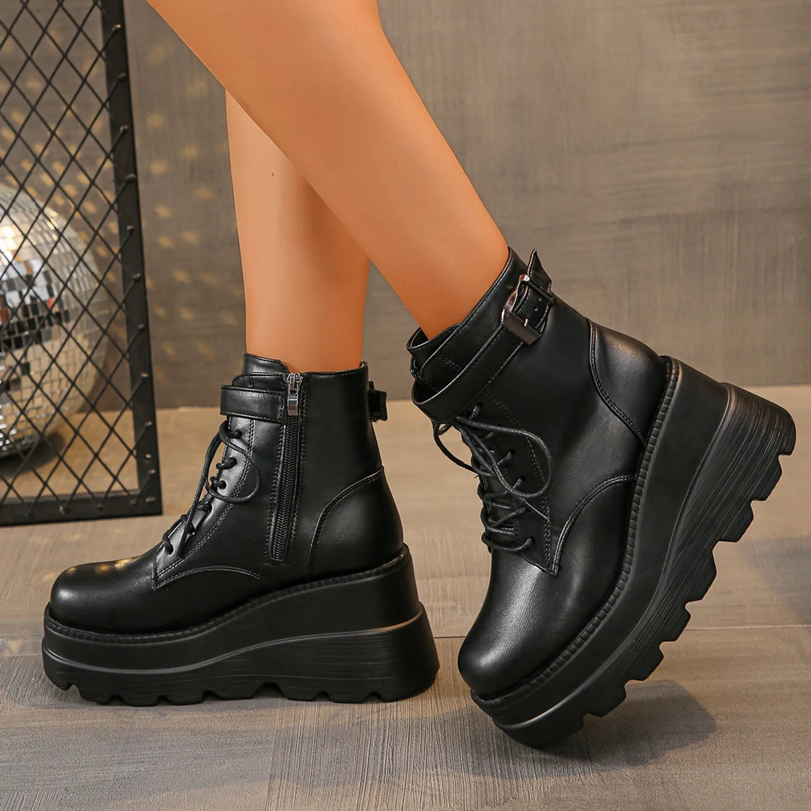 

2024 NEW Punk Style Women Shoes Lace-up heel height 9CM Platform Shoes Woman Gothic Ankle Rock Boots Metal Decor Woman Sneakers