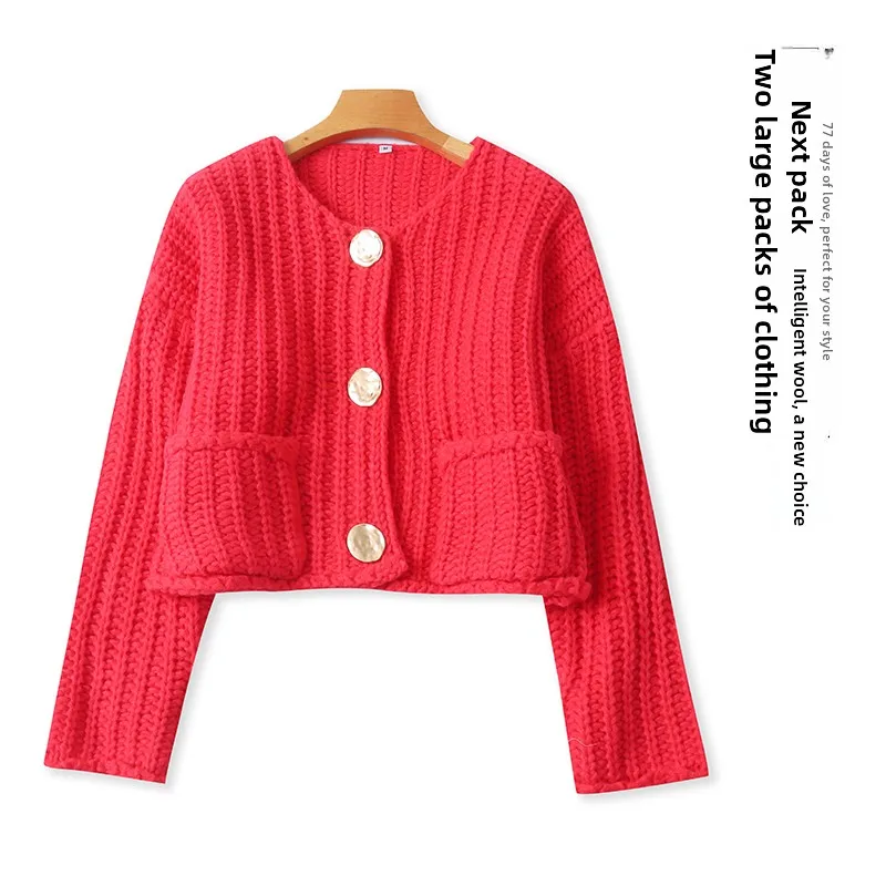 Faionable Knitted Cardigan Sweater round Ne Long Sve Thi Yarn ort Sle Women's Autumn New Arrival Tee Button De...
