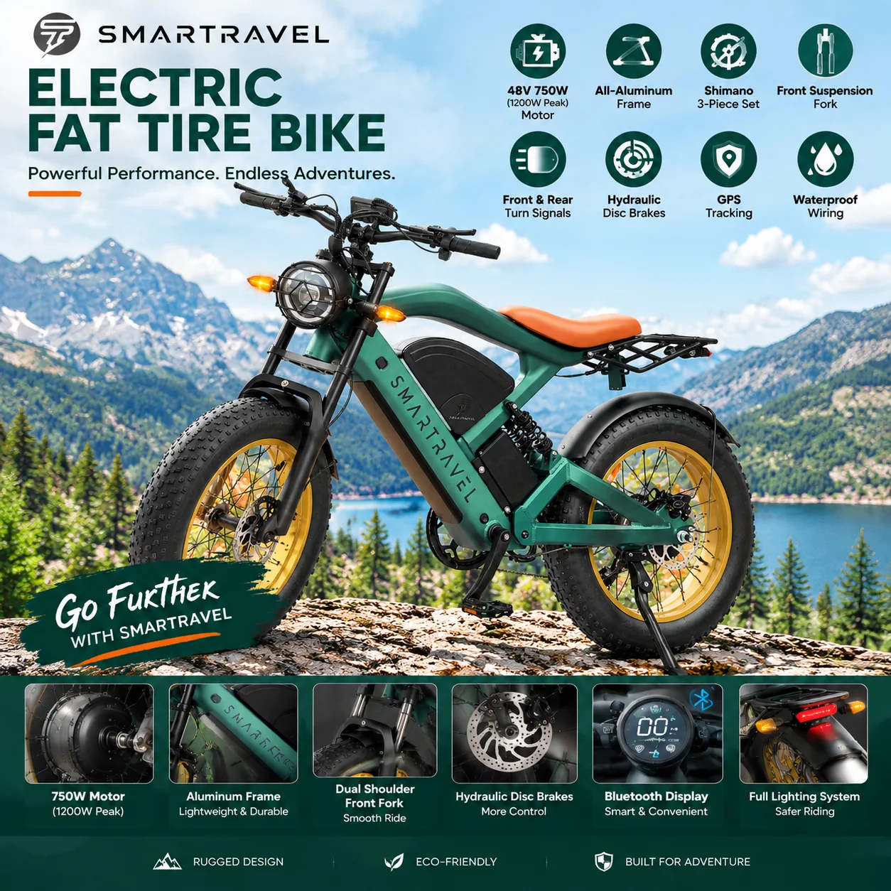 SMARTRAVEL Electric Fat Tire Bike, 48V 750W Motor (1200W Advertised Peak), Aluminum Frame E-Bike with Front Suspension Fork, Hydraulic Disc Brakes, Shimano Components, GPS Tracking, Turn Signals, Rear Cargo Rack