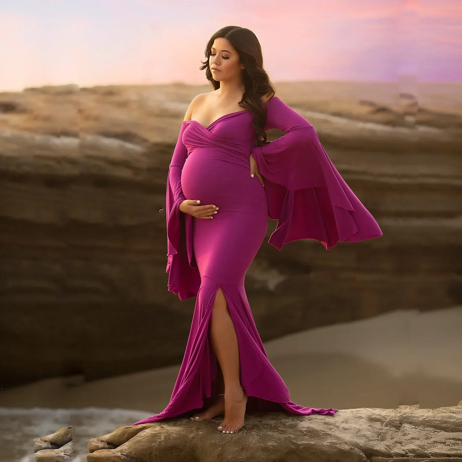 

Maternity Photography Props Maternity Gown Photo Shoot Sexy Boho Shoulderless Bell Sleeves Maxi Long Dress Pregnancy Mermaid