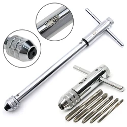 Adjustable M3-8 M5-12 T-Handle Ratchet Tap Holder Wrench Set Hand Tools 5pcs M3-M8 Machine Screw Thread Metric Plug T-shaped Tap