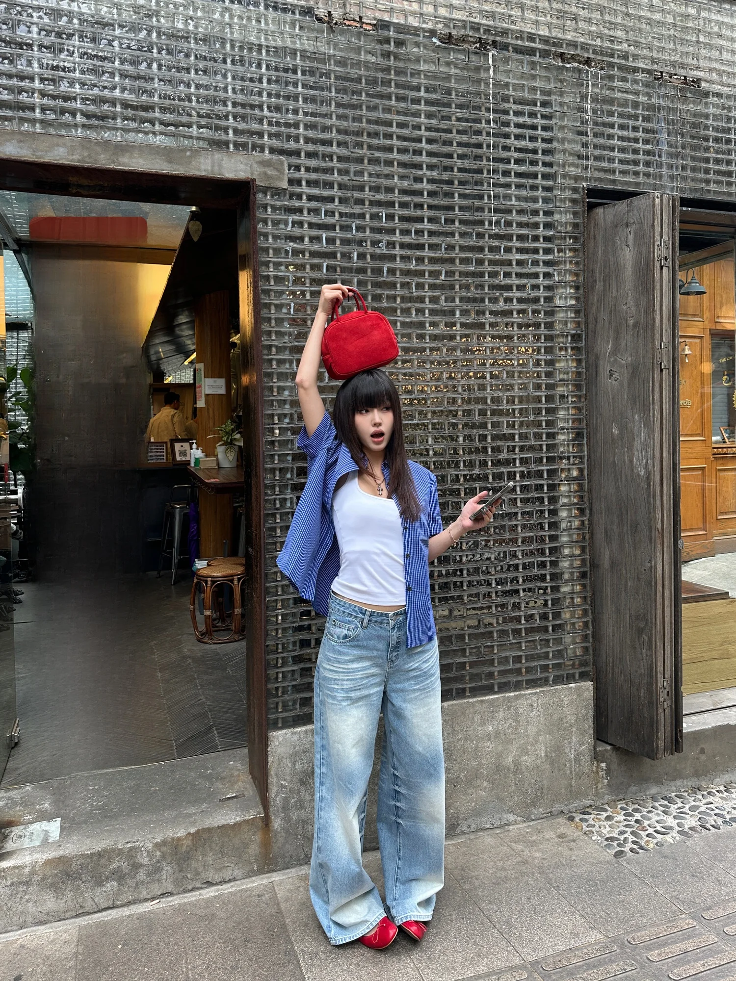 

Falin X Summer Casual Loose ort Sve Striped irt Women 00 Pure Cotton Vintage Blue Lazy Loose Top