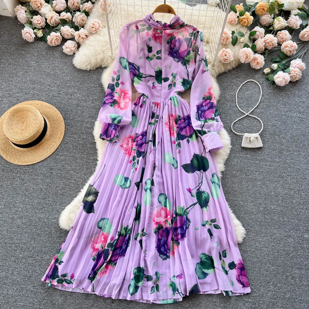 Spring Autumn Long Sleeve Floral Printed Violet Bowknot A-line Maxi Long Chiffon Dress