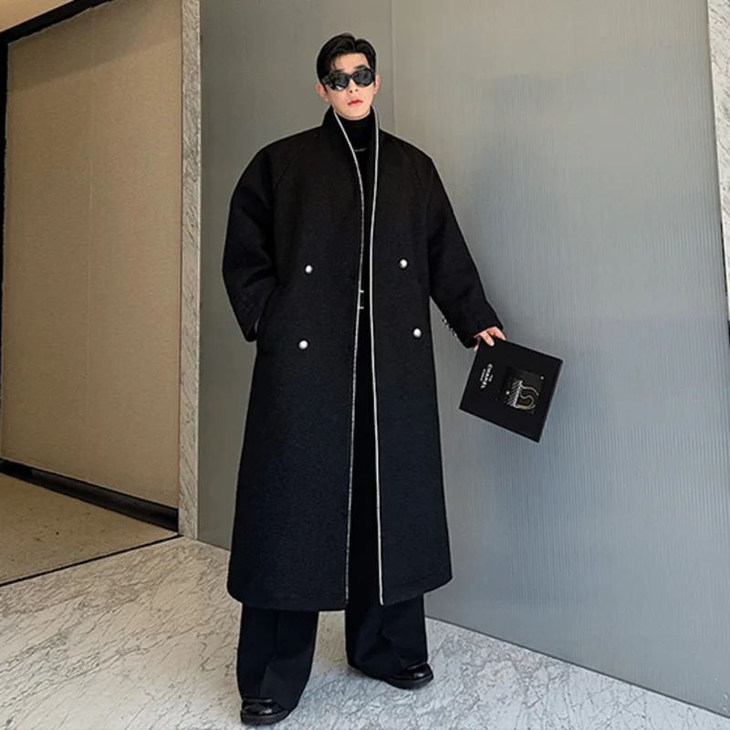 

SYUHGFA 2024 Winter Men's Woolen Overcoats Collarless Contrast Color Line Double Breasted Long Korean Version Male Trench