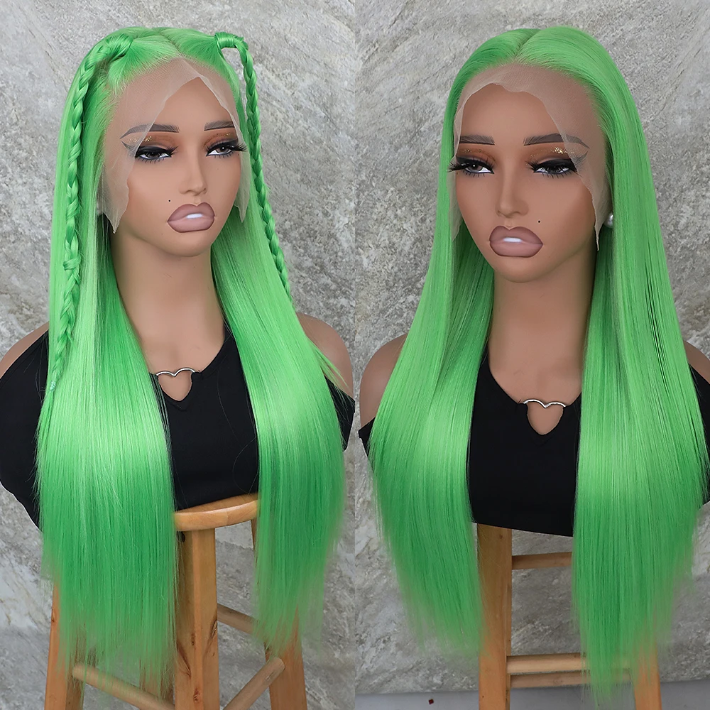 Apolaurel Green Synthetic Lace Front Wigs 13x6 Free Part Long Silky Straight Wig Apple Green Color Wig Cosplay Daily Wig 26inch