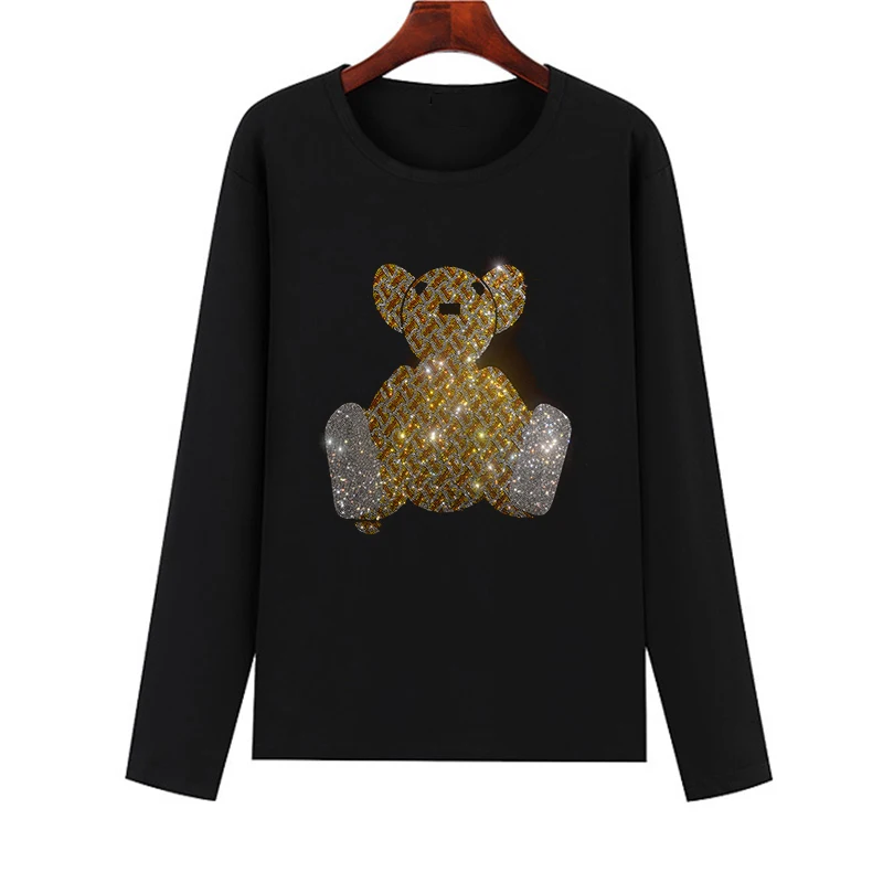 

Best-selling T-shirt women's wear autumn long-sleeved women's wear bear pattern shiny crystal T-shirt O-collar lady's T-shirt