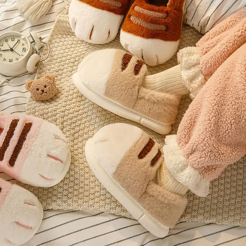 Cuddly cat paw slippers women's winter fluffy indoor home shoes woman warm animal claw slippers unisex furry slides shoes loafer image 4