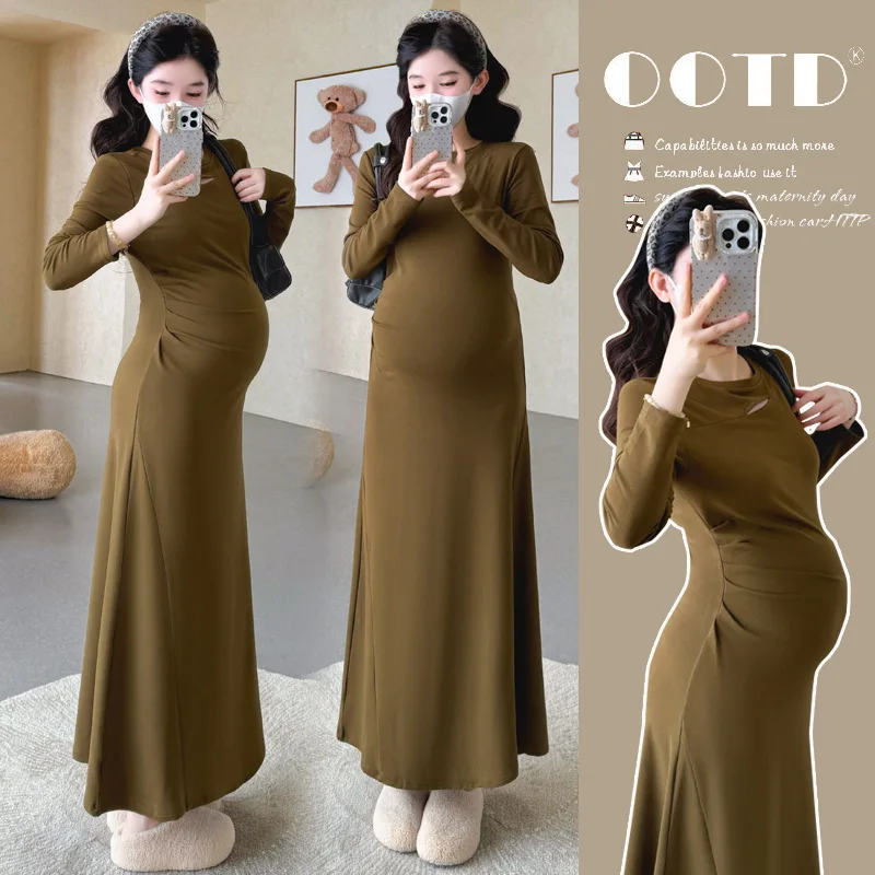 Maternity Dress Spring Autumn 2026 Minimalist Versatile Gentle Elegant Temperament Soft Stretchy Bodycon Long Sleeve Maxi Dress