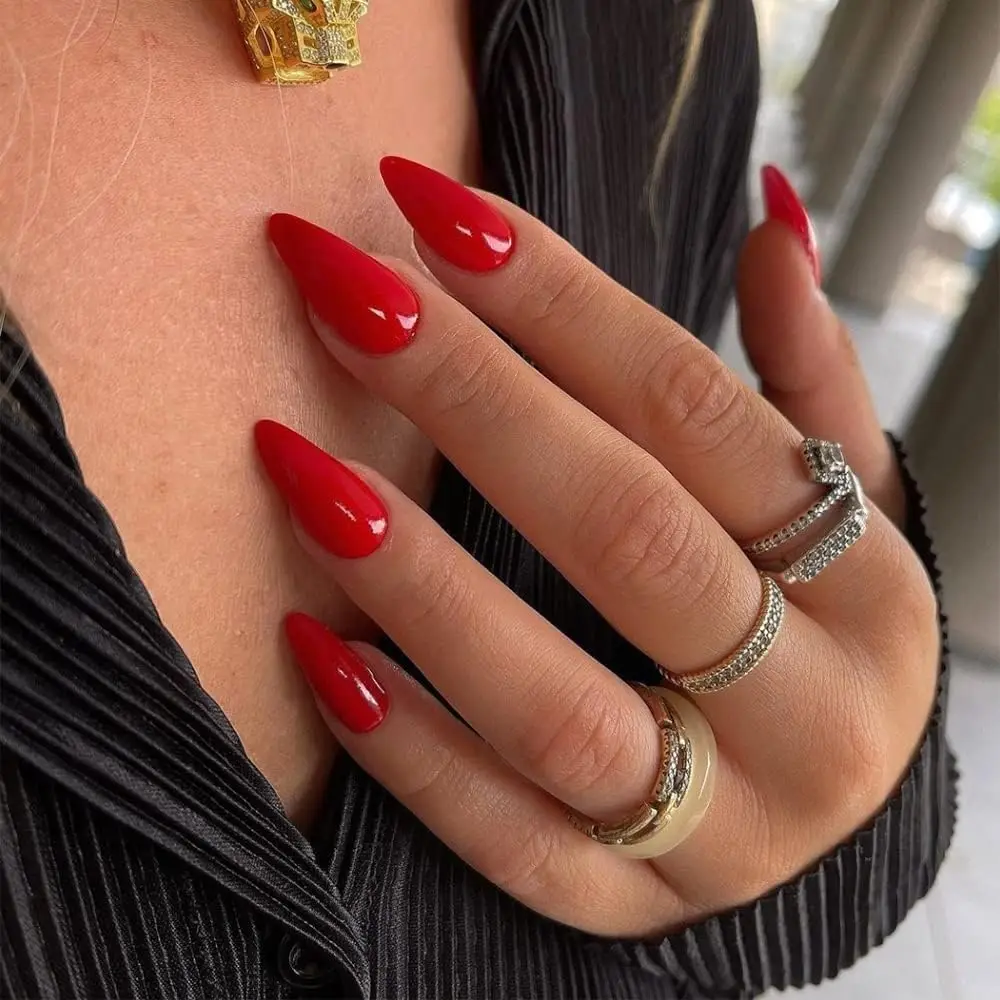 24PCS Classic Red Press Nail, Medium Almond High Heel Smooth Fake Nail, Reusable Fake Nail, Suitable For Women'S Gifts