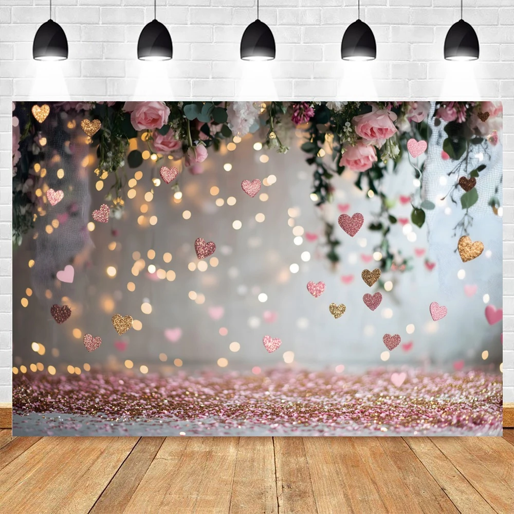 Glitter February 14th Party Backdrop Shiny Spots Love Heart Ballloon Valentine's Day Photography Background Photostudio Supplies