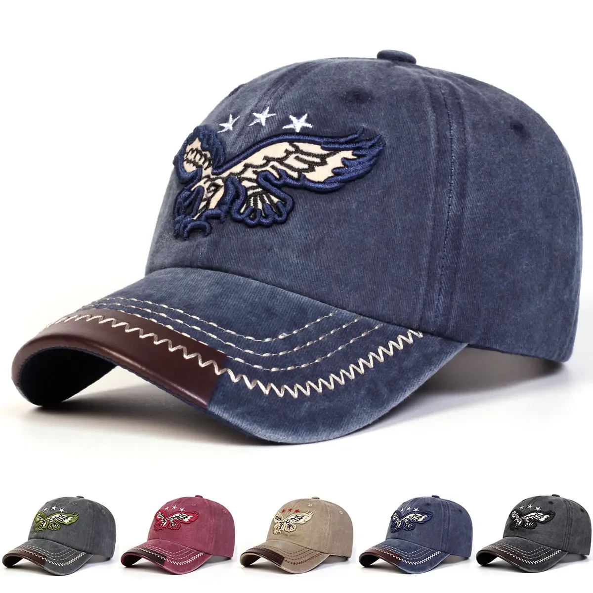 Unisex Eagle Pentagram Embroidery Wash Baseball Caps Spring 
