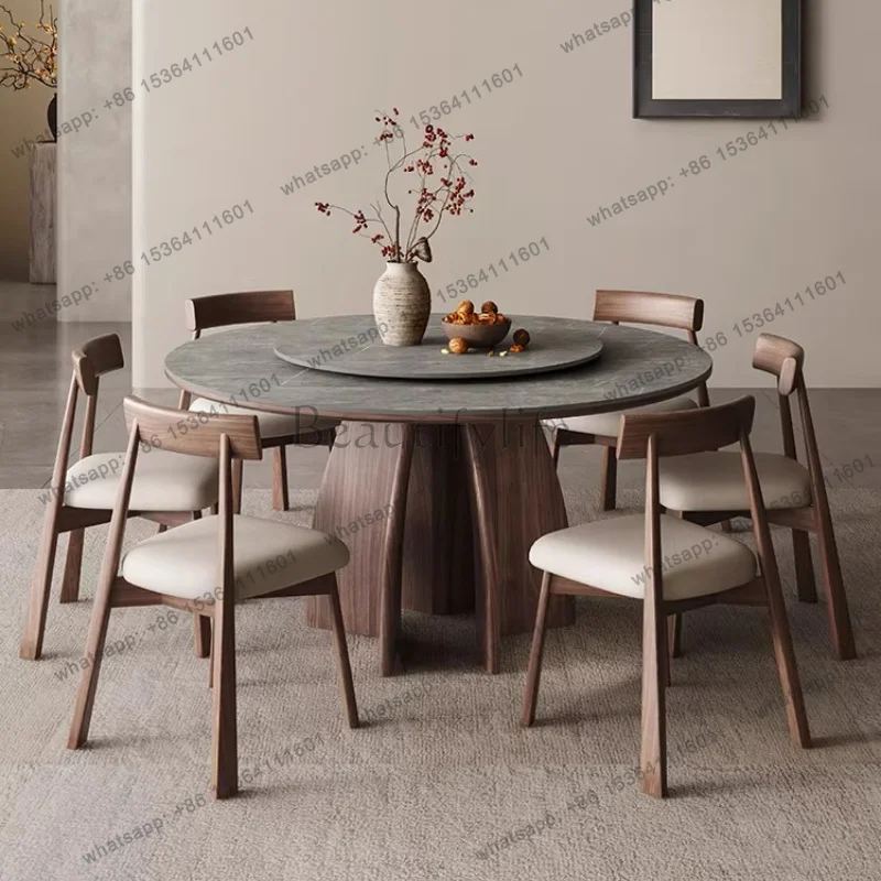 LJY Modern luxury solid wood rock slab round dining tables and sets with turntable 6 4 chairs dining rooms Tables pliante furnit