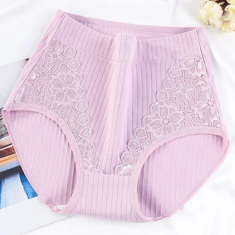 Threaded Cotton Plus Size Ladies Panties Lace High Waist Mom Oversized Briefs