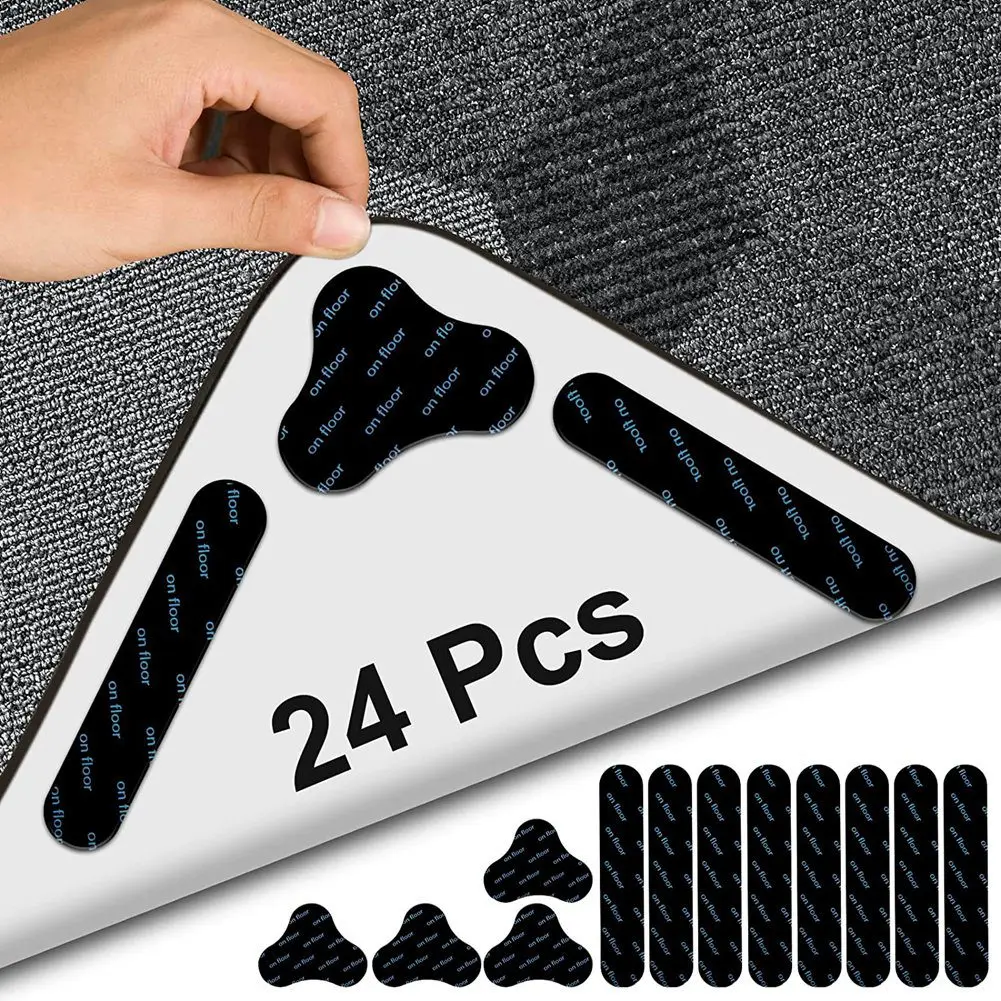 Rug Gripper Tape, 24 Pcs Rug Grip Kit Reusable Rug Pad Anti-Curling, Keep Your Rug in Place Make Corner Flat,