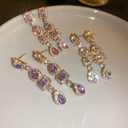 Shiny Colorful Rhinestone Long Tassel Earrings Women Fashion Geometric Square Drop Dangle Earrings Party Wedding Jewelry Gift