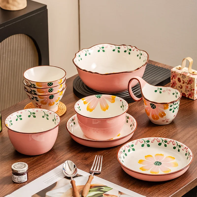 Cuencos de cerámica con relieve creativo, cuenco de arroz de estilo Retro, vajilla rosa exquisita para boda diaria, tazas de avena y leche para desayuno en casa