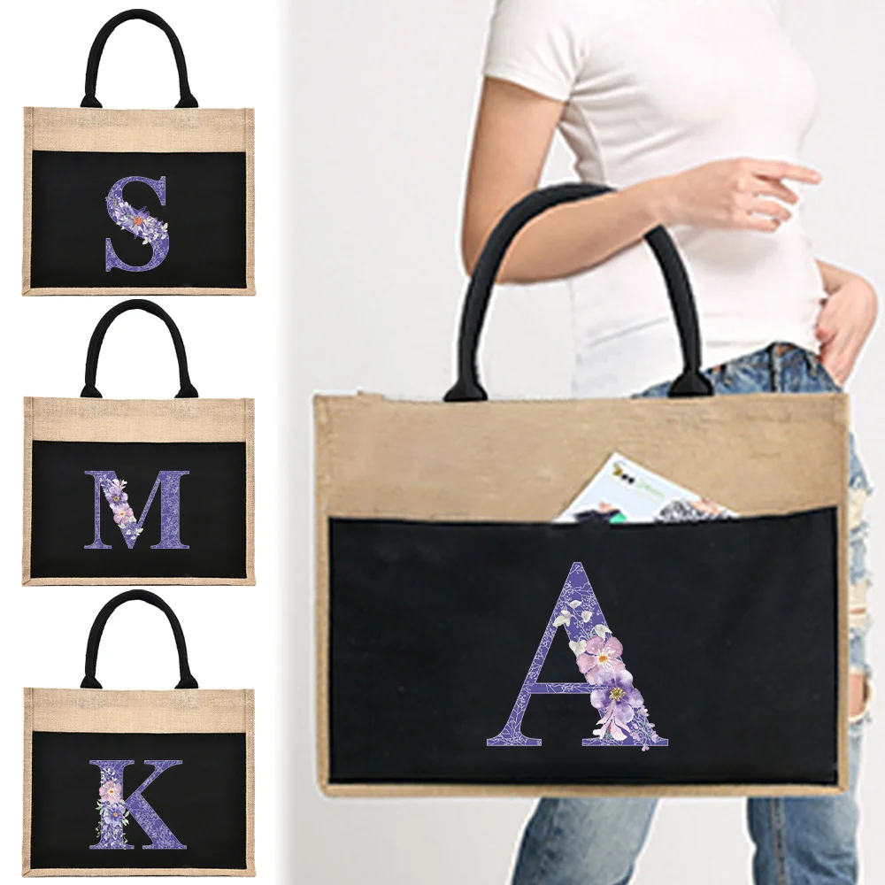 

Shopping Bags Vintage Grocery Pouch Portable Student One-shoulder Shopping Bag Linen Handbag Foldable Purple Flower Serie