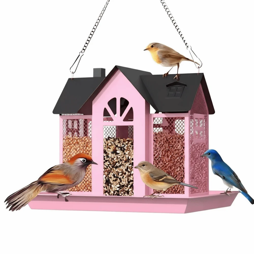 

Durable Metal Hanging Bird Feeder Large Capacity House Shape Hummingbird Feeder Rainproof Bird Food Container Yard Decoration