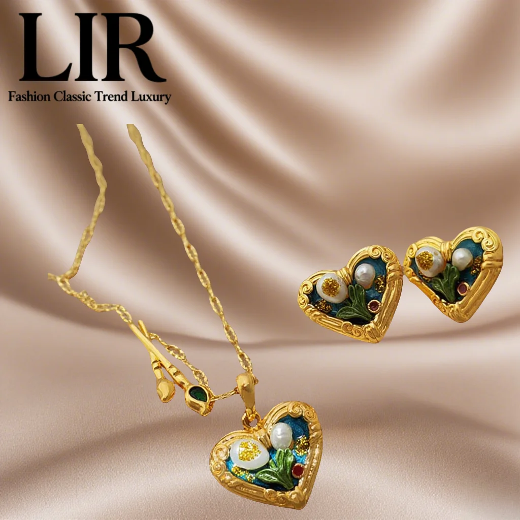 

LIR 2025 Ретро Масло - Картина - Стильный комплект украшений: ожерелье и серьги в форме сердца, молодежный и живой вид