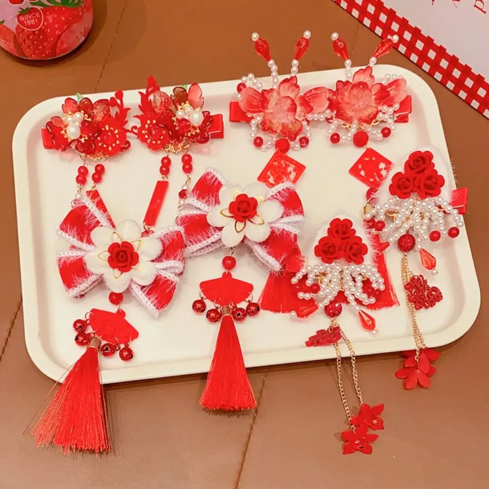 

Tassel Children Red Hairpin Flower Cloth Chinese New Year Headwear Girl Hair Accessories Ancient Headwear Ancient Style Hairpin