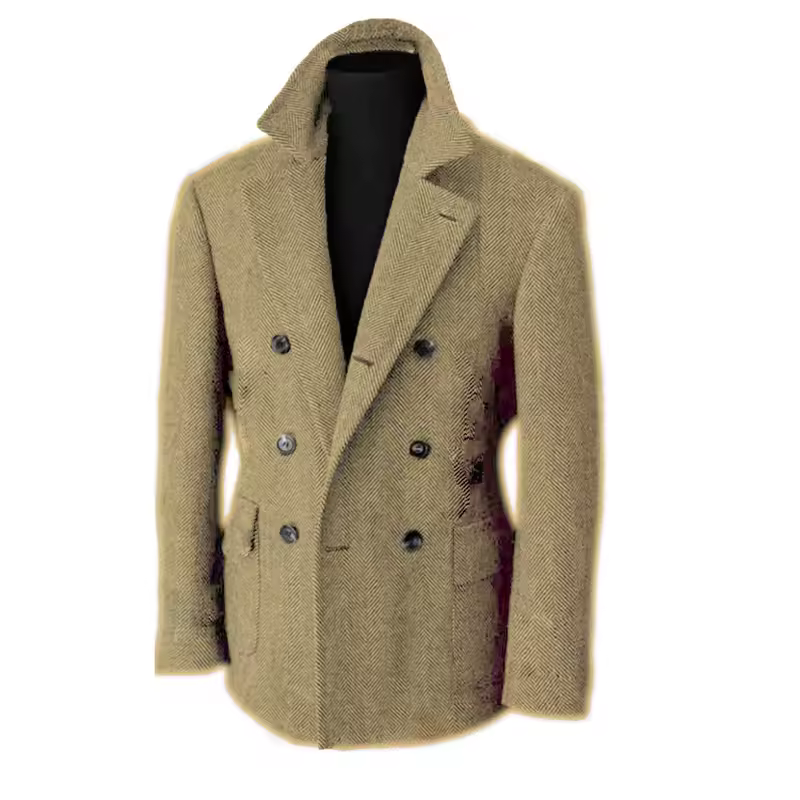 British Men's Blazers Vintage Herringbone Tweed Formal Jacket Wool Blend Double Breasted Casual Autumn Winter Suit Coat - Image 15