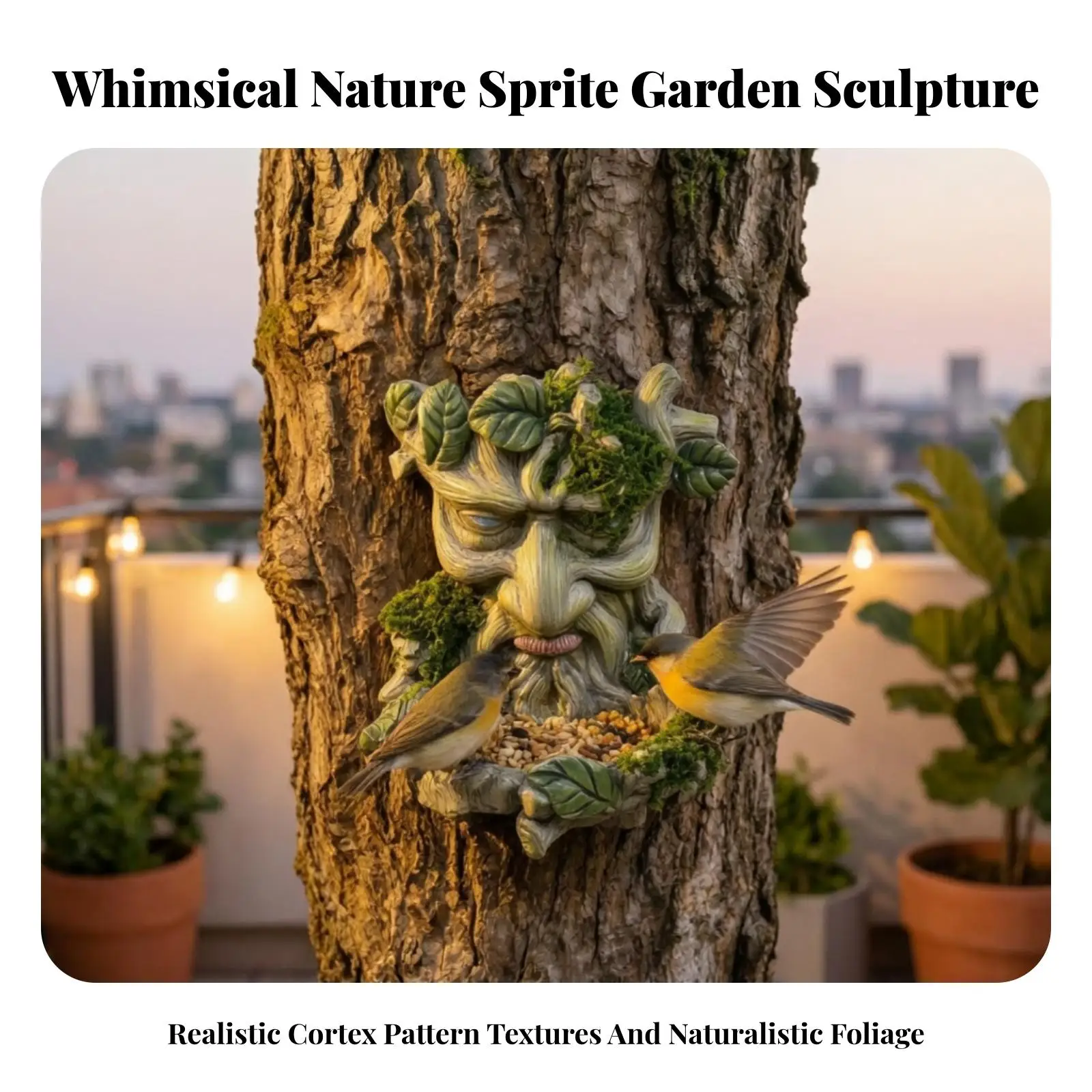 Outdoor Tree Nature fairy Feeder | Whimsical Woodland Design Resin Construction, Tree Face Bird Feeder, for Patio