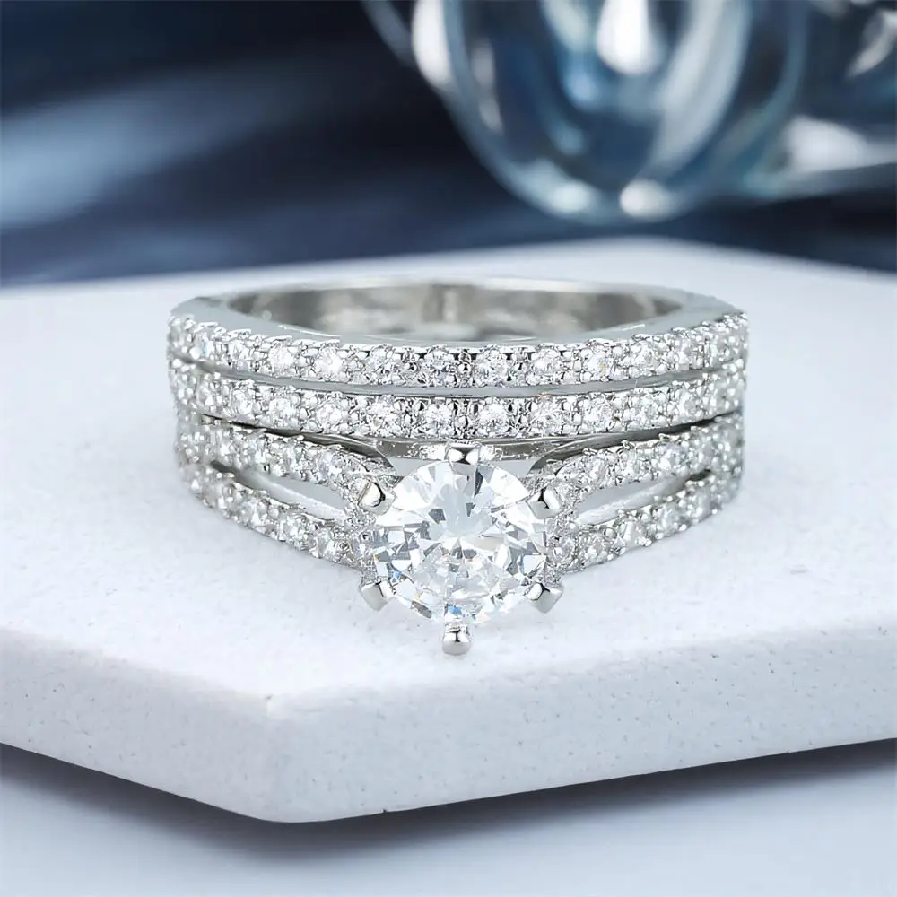 2pcs/Set White Zircon Round Stone Ring Sets For Women Vintage Silver Color Engagement Bands Wedding Rings Versatile Jewelry Gift