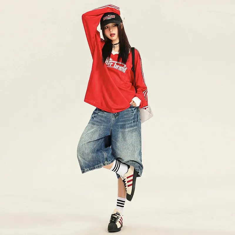 

Vintage Washed Loose Fit Lightning Pattern Sarouel Pants for Women, Street Straight Jeans Capris