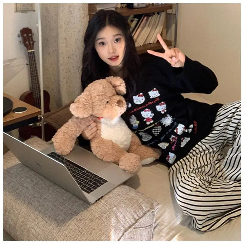 

Комплект пижам Sanrio Hello Kitty, хлопковая женская домашняя одежда, осенне-зимняя одежда с длинными рукавами и прямыми брюками с героями мультфильмов, ночная одежда из двух предметов