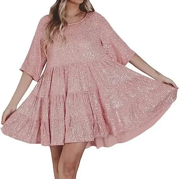 

Sparkly Glitter Dress, Sequin Babydoll Summer Dress Short Flowy Tiered Tunic Dress for Women Party Club Night