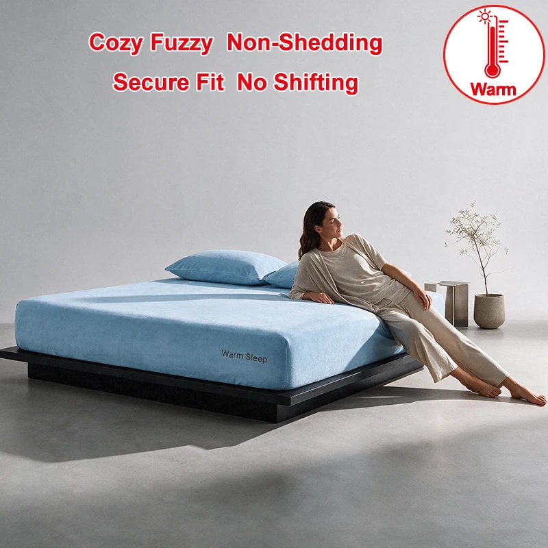 Solid Blue Flannel Fitted Sheet, Cozy Fuzzy Warm Plush Mattress Cover, Non-Shedding Secure Fit No Shifting Bed Sheet Bedroom
