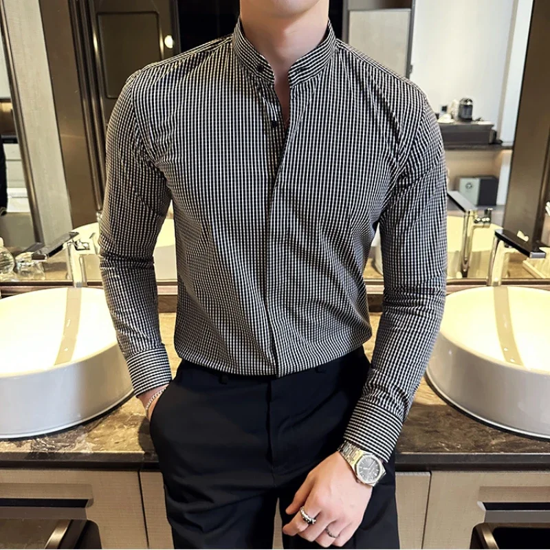 Camisas De Hombre Stand Collar Luxury Shirts For Men Clothing High Quality Camisa Masculina Slim Fit Mens Dress Shirts Formal